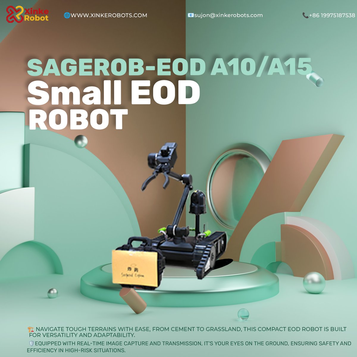 xinkerobots's tweet image. Introducing the SAGEROB-EOD A10/A15
Your new ally in handling explosive scenarios with precision and speed!
Navigate tough terrains with ease, from cement to grassland, this compact EOD robot is built for versatility and adaptability.
#EODRobot #SafetyFirst #TechInnovation