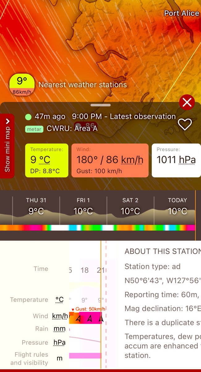 southcoastwx's tweet image. Our infamous northwestern Vancouver island station is already gusting to 100km/h. Some seriously impressive gusts will likely be clocked in this event. 
#BCstorm #BCWind