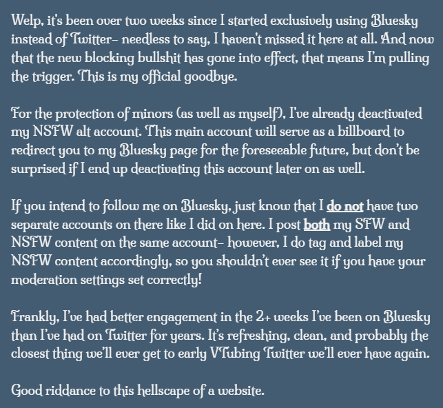 ManamiVT's tweet image. Welp, it's been real, but it's time I mosey on outta here for good.

You know where to find me. 💙☁️

bsky.app/profile/manami…