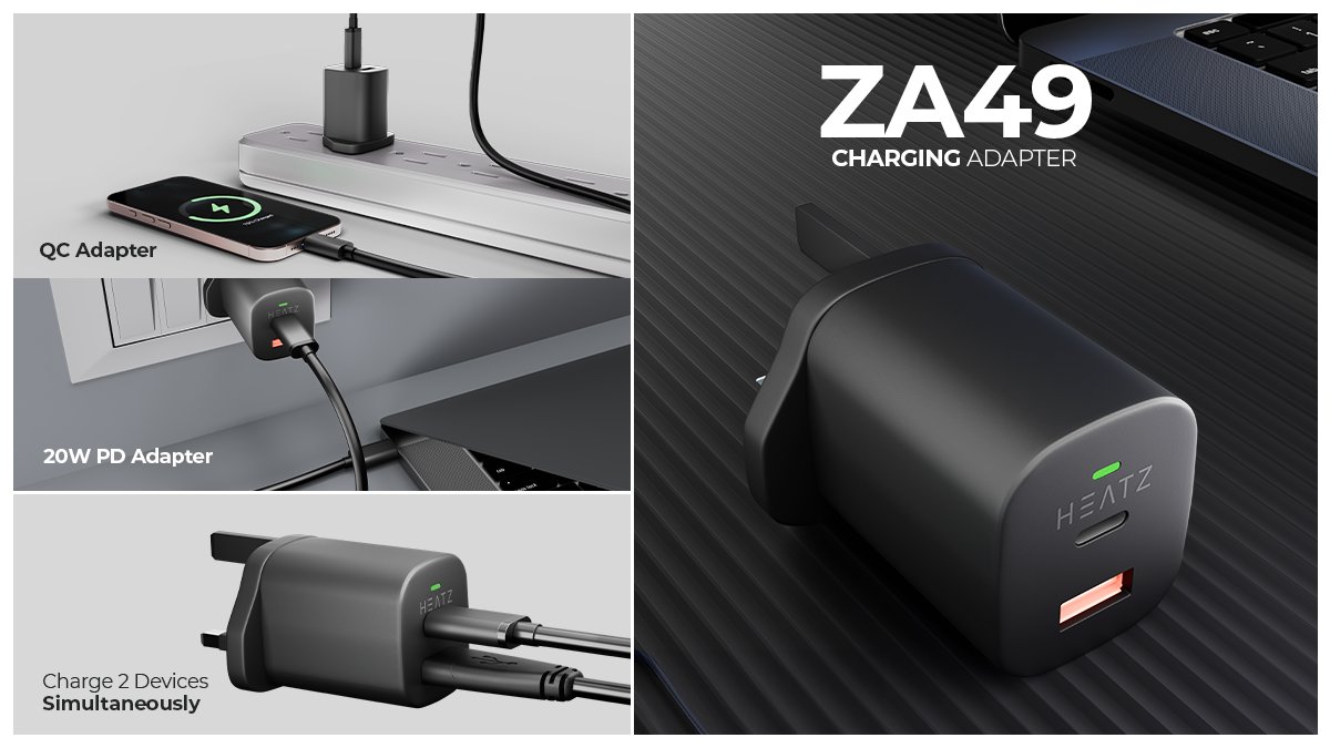 HeatzStore's tweet image. The Heatz ZA49 charging adapter, in sleek black, offers fast, convenient charging with PD and QC tech, dual USB-A and USB-C outputs (20W and 18W), and a 15W combined output for multiple devices.

Learn More: heatz.store
.
.
#Heatz #ChargingAdapter #FastCharging