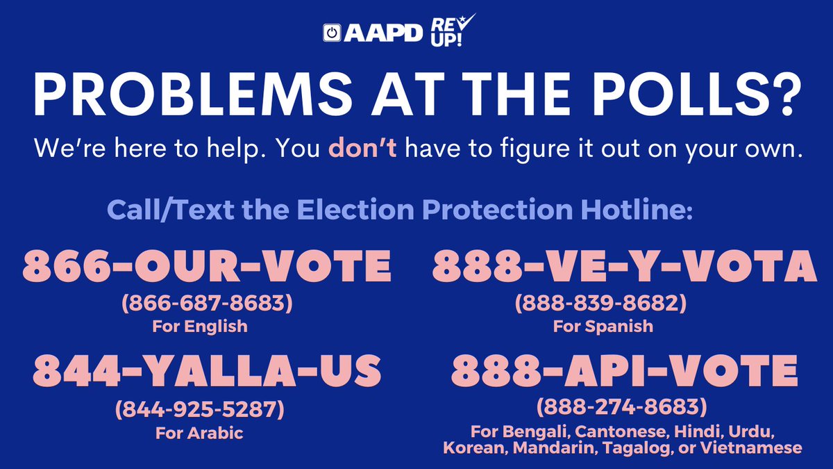 If you have any issues with your ballot, registration, access barriers, or disability discrimination while you are voting, The Election Protection Hotline <a href="/866OURVOTE/">Election Protection</a>  is here to help! 

AAPD and other disability orgs will be helping with disability-related issues 🫡 #Vote