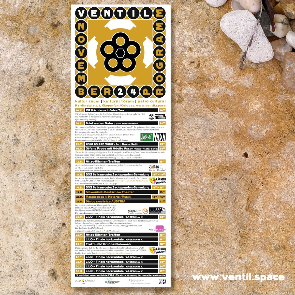 Der September 2024 im #VENTIL!  

Alle #Termine und weitere Infos findet ihr auf ventil.space/termine 

VENTIL kultur raum | kulturni forum | patio cultural, Kardinalplatz 1 / Fleischbankgasse 8, #Klagenfurt / #Celovec

#kultur
#zivilgesellschaft
#kärnten
#koroška