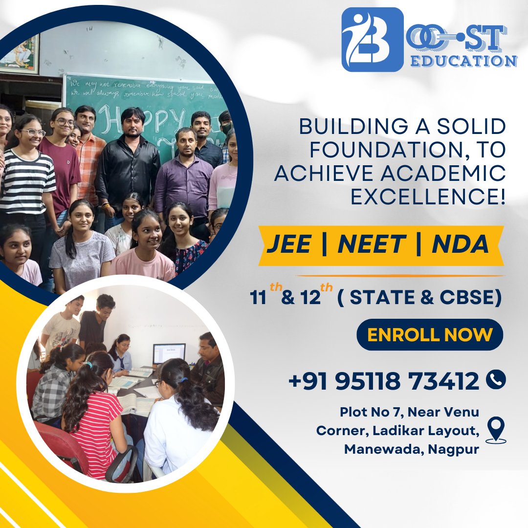 BoostNagpur's tweet photo. 🌟 Building a Solid Foundation for Academic Excellence! 🌟
Ready to conquer your dreams? Join our intensive coaching for JEE, NEET, and NDA.
📞 +91 95118 73412
📌 Plot No 7, Near Venu Corner, Ladikar Layout, Manewada, Nagpur
#AcademicExcellence #JEEPreparation #NEETPreparation https://t.co/rZRhnRRNRO