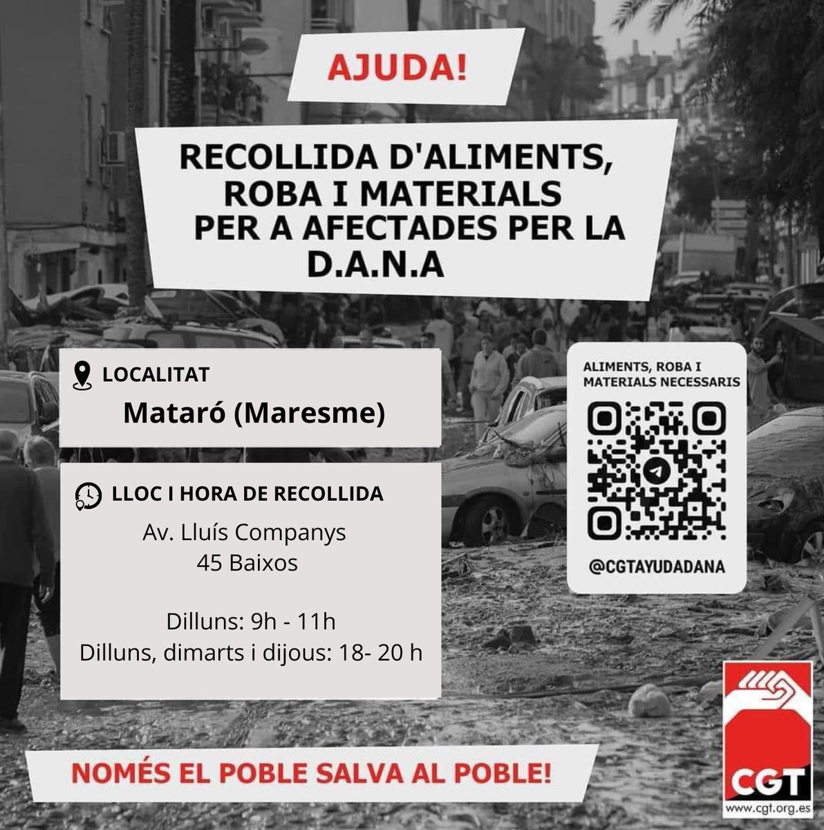 🚩Degut a la diversitat de necessitats i complicació de la distribució prioritzem que el que es reculli al local siguin els següents articles: 
- Material de neteja EPIs: Cubells, botes d'aigua, mascaretes, guants, roba de feina 
- Higiene personal: bolquers (nen i adult).