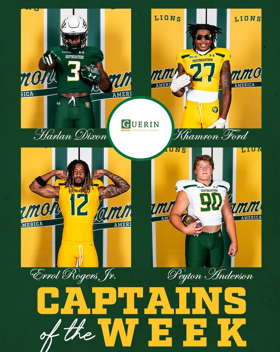 Southeastern Football (@lionupfootball) on Twitter photo This week's <a href="/LionUpFootball/">Southeastern Football</a> Guerin Insurance captains were Harlan Dixon, Khamron Ford, Errol Rogers Jr. and Peyton Anderson!
#LionUp | #DoMore This week's <a href="/LionUpFootball/">Southeastern Football</a> Guerin Insurance captains were Harlan Dixon, Khamron Ford, Errol Rogers Jr. and Peyton Anderson!
#LionUp | #DoMore