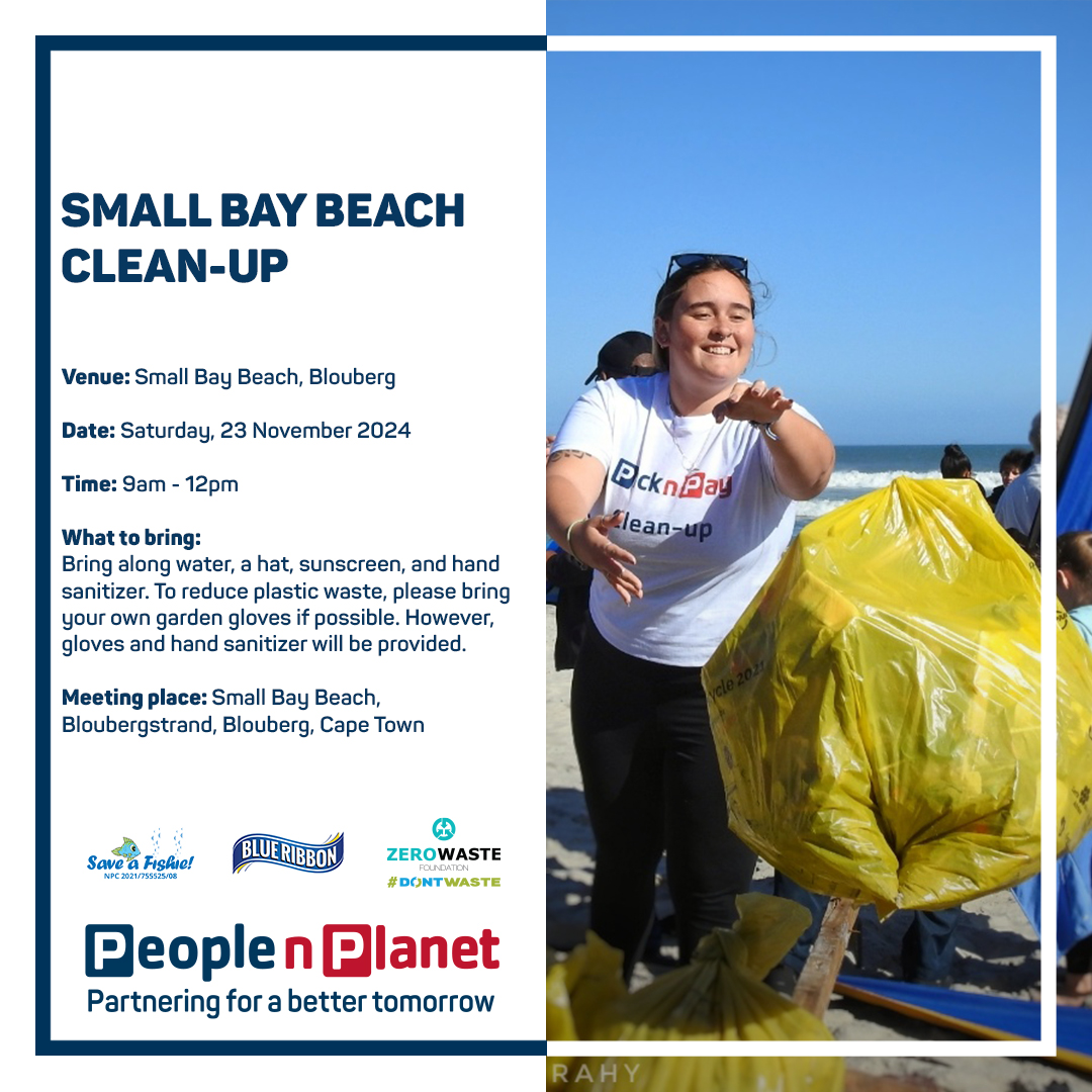 PeoplenPlanet's tweet photo. Join People n Planet as they team up with Save the Fishie to clean up Small Bay Beach in Blouberg, Cape Town on Saturday 23 November 2024. We look forward to seeing you there! https://t.co/gNfBZm6jAC
