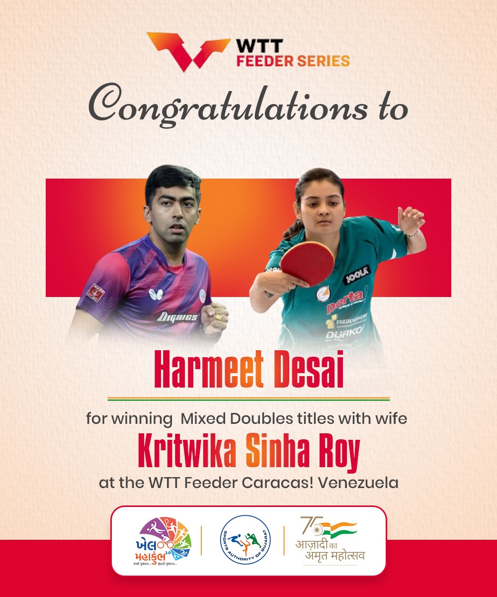 Congratulations to <a href="/HarmeetDesai/">Harmeet Desai</a> for winning the Men’s Singles and Mixed Doubles titles at the WTT Feeder Caracas! Venezuela held from 31st October to 3rd November.

An incredible achievement alongside his wife, Kritwika Sinha Roy! 

#Champion #ProudMoment