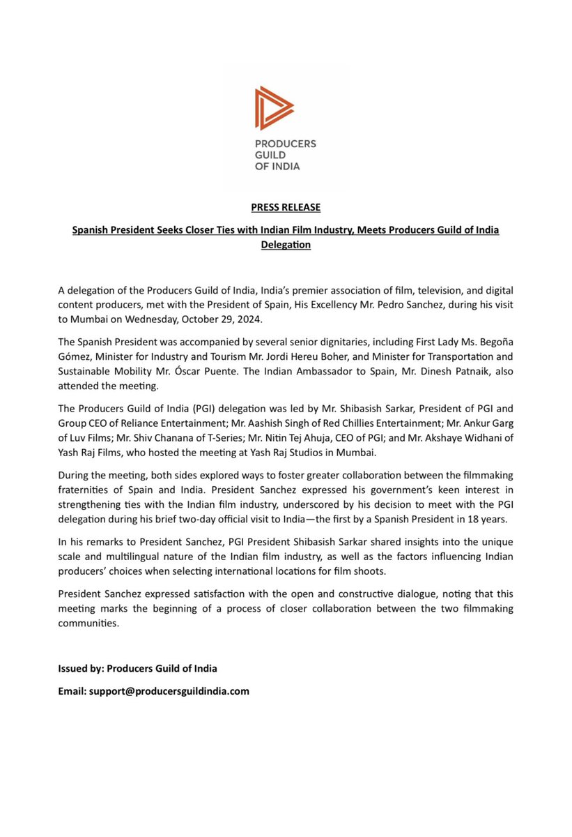 Spanish President Seeks Close Ties With Indian Film Industry, Meets Producers Guild of India Delegation-Official Press Release