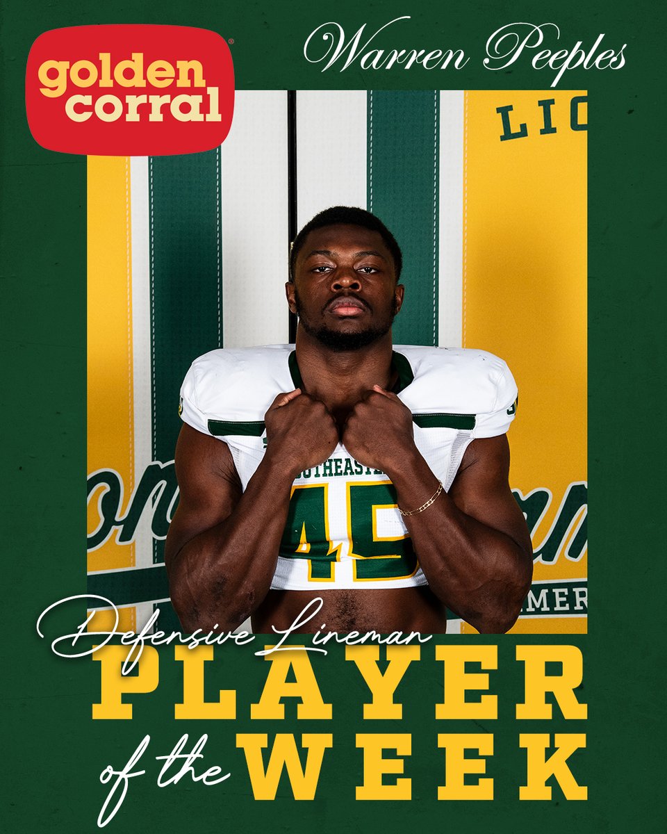 Southeastern Football (@lionupfootball) on Twitter photo Congratulations to this week's <a href="/LionUpFootball/">Southeastern Football</a> Golden Corral Co-Defensive Lineman of the Week Warren Peeples!
#LionUp | #DoMore Congratulations to this week's <a href="/LionUpFootball/">Southeastern Football</a> Golden Corral Co-Defensive Lineman of the Week Warren Peeples!
#LionUp | #DoMore