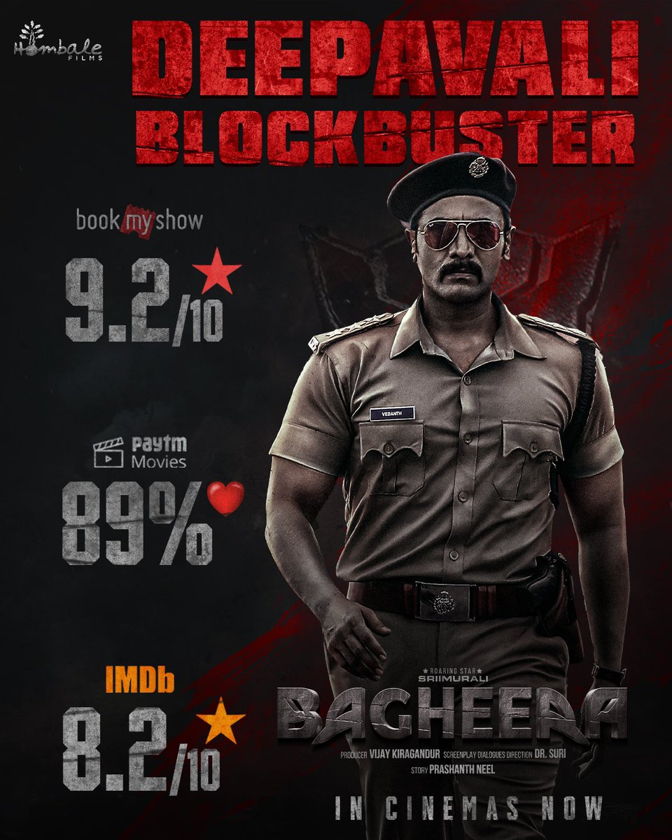 Bagheera (@bagheerathefilm) on Twitter photo Deepavali Blockbuster #Bagheera receives unanimous ratings from the Public 🤩🔥
ROARing successfully with housefull shows all over 💥💥
#BagheeraDeepavaliBlockbuster
<a href="/SRIMURALIII/">#SRIIMURALI</a> #DrSuri #PrashanthNeel <a href="/VKiragandur/">Vijay Kiragandur</a> <a href="/rukminitweets/">rukmini</a> <a href="/AJANEESHB/">B AJANEESH LOKNATH</a> <a href="/hombalefilms/">Hombale Films</a> <a href="/ChaluveG/">Chaluve Gowda</a> <a href="/prakashraaj/">Prakash Raj</a> Deepavali Blockbuster #Bagheera receives unanimous ratings from the Public 🤩🔥
ROARing successfully with housefull shows all over 💥💥
#BagheeraDeepavaliBlockbuster
<a href="/SRIMURALIII/">#SRIIMURALI</a> #DrSuri #PrashanthNeel <a href="/VKiragandur/">Vijay Kiragandur</a> <a href="/rukminitweets/">rukmini</a> <a href="/AJANEESHB/">B AJANEESH LOKNATH</a> <a href="/hombalefilms/">Hombale Films</a> <a href="/ChaluveG/">Chaluve Gowda</a> <a href="/prakashraaj/">Prakash Raj</a>