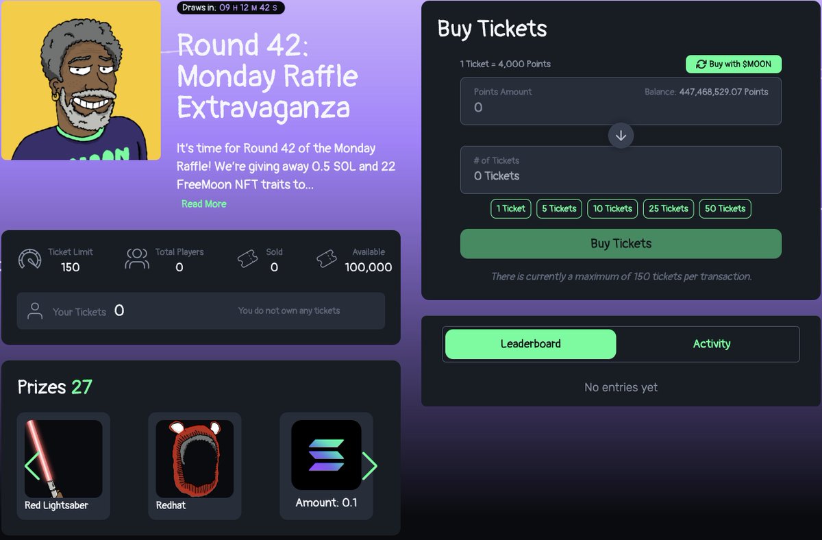 Happy Monday MoreGen fam!      

Round 42: Monday Raffle Extravaganza is here with 27 prizes up for grabs.      

🗓️ Draw at 3:30 PM UTC, Monday, November 4th 2024
  
Grab your 🎫 now freemoon.meme/raffles/5KbQV2…

#solanamemecoin #SolanaCommunity #SolanaRaffle