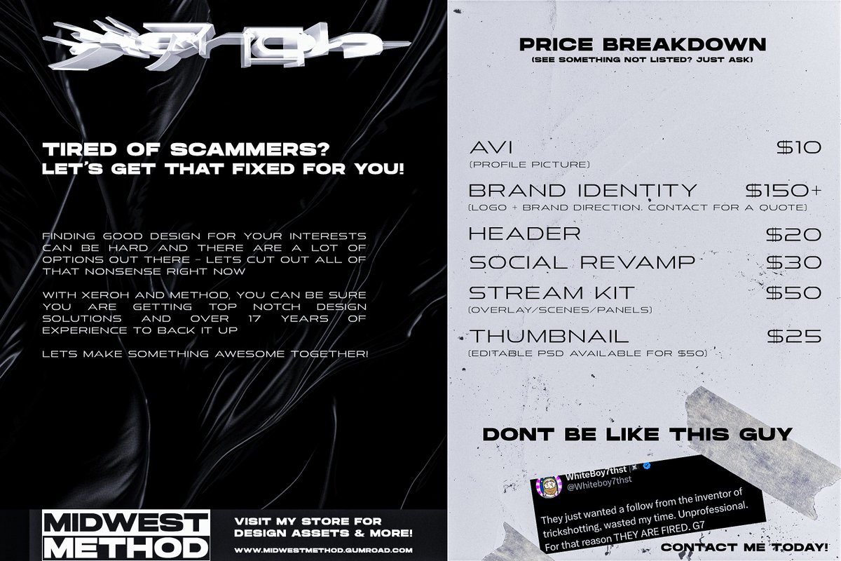 Always accepting new clients! I would love to work with you on whatever project you are interested in executing - let's make something awesome!

Replies/DMs always open - hit me up! 🙏

Designers! I have a store for assets and tools check it out: midwestmethod.gumroad.com