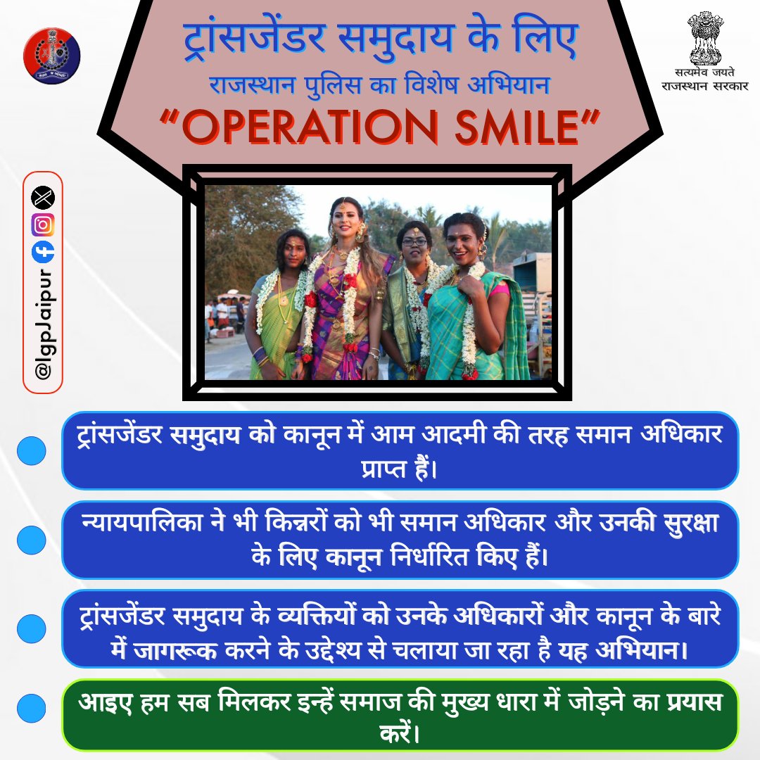 #ट्रांसजेंडर_समुदाय के व्यक्तियों को उनके अधिकारों और कानून के बारे में जागरूक करने के लिए #राजस्थान_पुलिस का विशेष अभियान "OPERATION SMILE"
इस समुदाय को भी समाज में आम आदमी की तरह सभी प्रकार के अधिकार प्राप्त हैं।
आइए हम सब मिलकर इन्हें मुख्य धारा में जोड़ने का प्रयास करें।