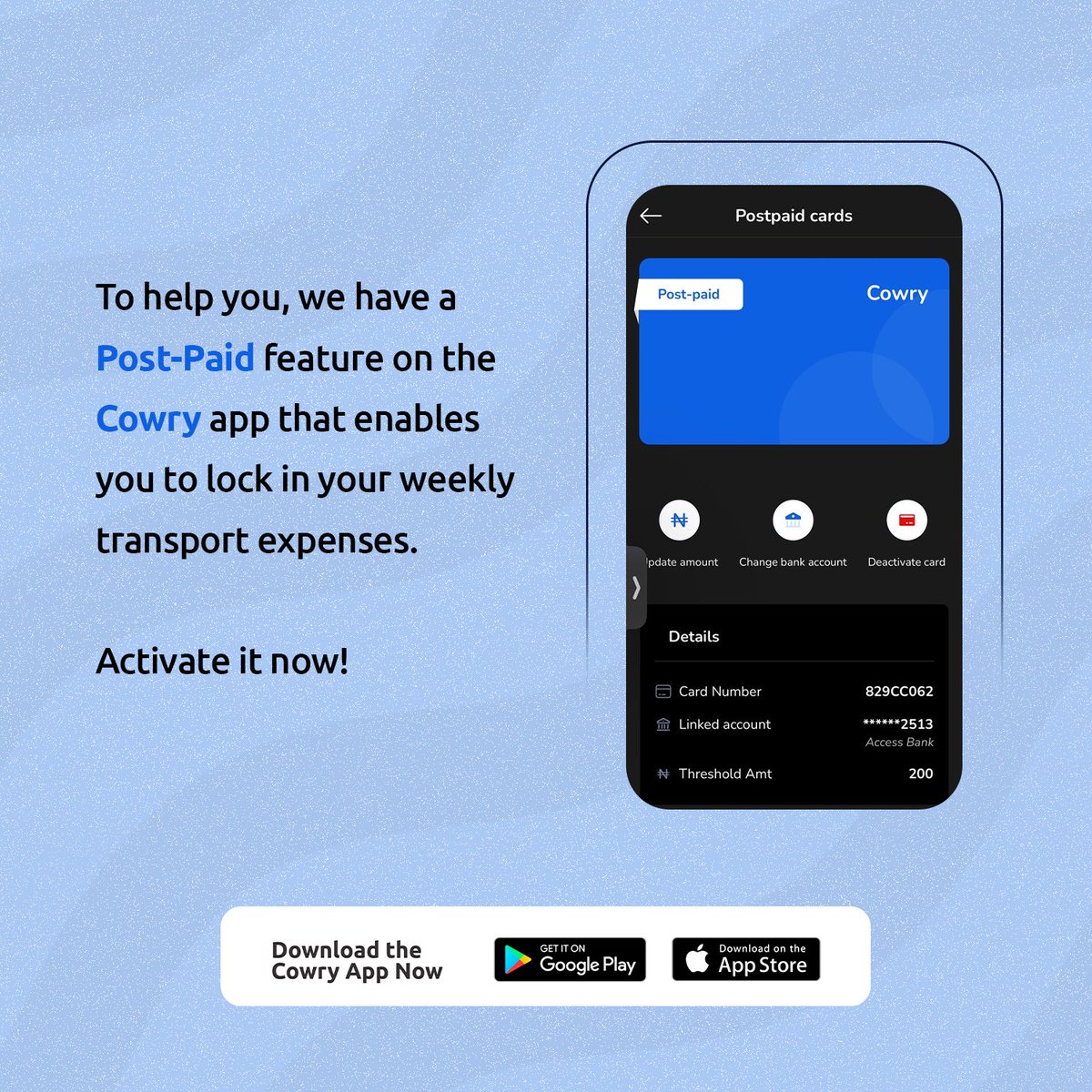 paywithcowry's tweet image. ACTIVATE THE POSTPAID FEATURE NOW! 

Or comment ‘HOW’ to learn how to activate the post-paid feature on the Cowry app. 

#CowryTips #TopUpSmart #Paywithcowry #Cowrycard #Cowryapp