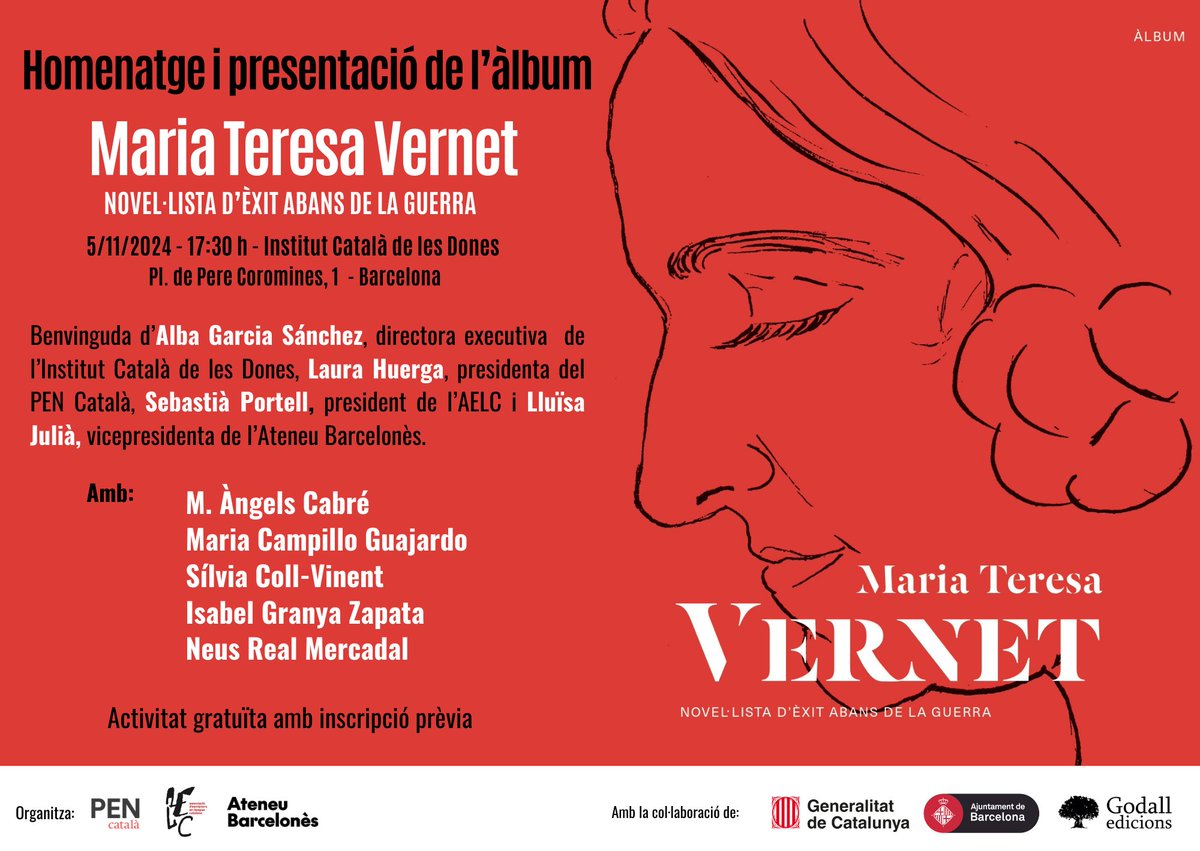 Homenatge a Maria Teresa Vernet i novel·lista d'èxit abans de la guerra.

🗓️Dimarts 5 de novembre  - 17:30 h
📍 Institut Català de les Dones

🔗 Inscripcions: ja.cat/I9f97