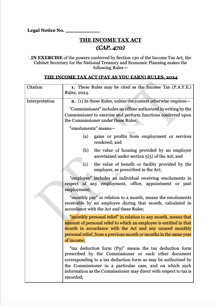 AmbokoJH's tweet photo. Treasury CS, John Mbadi, has published the Draft Income Tax Act (PAYE) Rules of 2024. 

Musings: 

· Notable change on administration where tax deducted is less then Kes 100/month. Currently, the employer is required to consolidate the amounts & remit when they exceed Kes 100.0 or by December each year. This provision is set for deletion implying that any amount will be payable by the 9th of the following month. Cashflow management by GOK? 
· The definition of monthly personal relief now omits "relief claim form" & "any other amount for that month notified to the employer by the Commissioner" & replaces these phrases with "personal relief in accordance with the Act"
· The import here is that relief will no longer be an administrative function but a function of the law. Where are we going with this? My guess is that it relates to the MTRS pointer that there will be a rationalisation of reliefs. Finance Bill 2025?
· There's a clean up aligning the Commissioner's decision on disputed tax computation with the Tax Procedures Act 60 days communication window
· Also, now that the CS is revoking The Income Tax (PAYE) Rules of 1973, is it a signal that GOK is finally agreeing that the Income Tax Act, by & large, needs an overhaul 51 years later