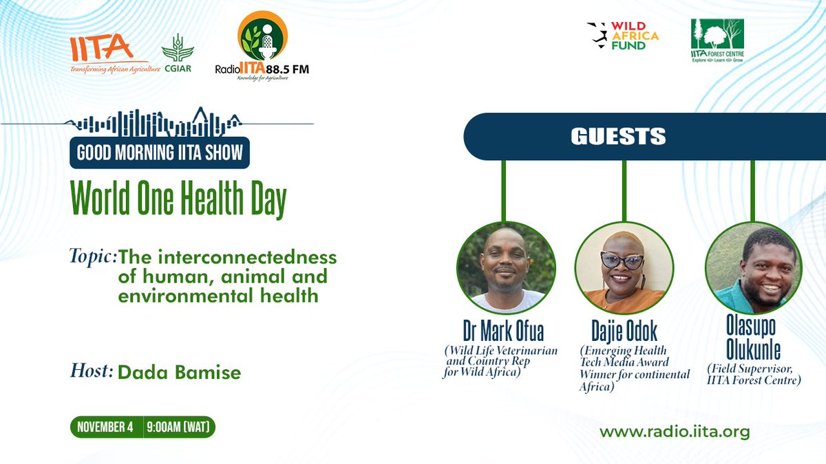 RadioIITA's tweet photo. Itβs #OneHealthForAll! π Join us on Good Morning IITA as we explore the health connections between people, animals, and the environment.
Listen live at 9 AM on 88.5 FM or stream: https://t.co/lAOYt9QXkx
#HealthForAll #IITA #GoodMorningIITA https://t.co/x38vSSoEV5