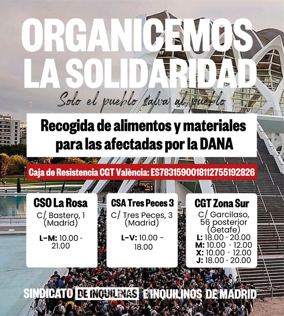 🔴ORGANICEMOS LA SOLIDARIDAD🔴

Nos sumamos a la recogida de alimentos y materiales para las afectadas por la DANA ✊🏽

Si no puedes acercarte, te animamos a donar a la caja de resistencia de <a href="/CGTvalencia/">★CGT València</a> 🔥