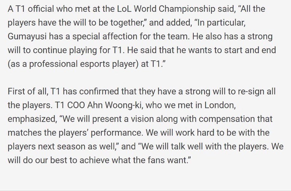 Podobno wszyscy zawodnicy T1 chcą zostać w takim samy składzie. Gumayusi dodatkowo chce zacząć i skończyć karierię esportowca w T1. 

T1 COO mówi, że będą robić co w ich mocy, żeby skład pozostał taki, jaki jest.

Uda się czwarty raz mieć ten sam team?

#T1 #Faker #LoL #LCK