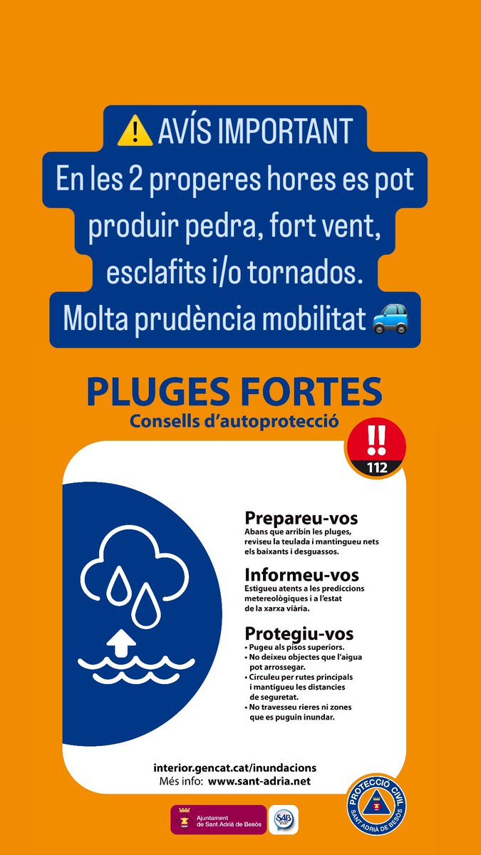 ⚠️ AVÍS IMPORTANT: En les dues properes hores es pot produir pedra, fort vent, esclafits i/o tornados.
Molta prudència mobilitat 🚙

#SAB #protecciocivilSAB