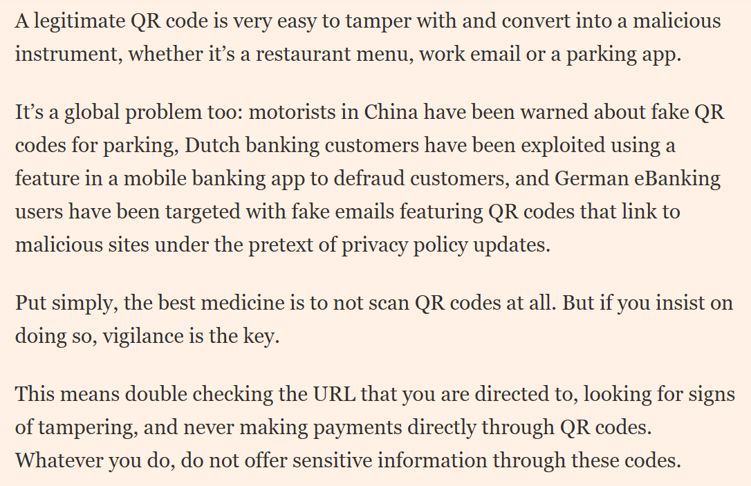 Good advice. "Letter: We all need to think twice before scanning a QR code" ft.com/content/637fdc… via @ft
