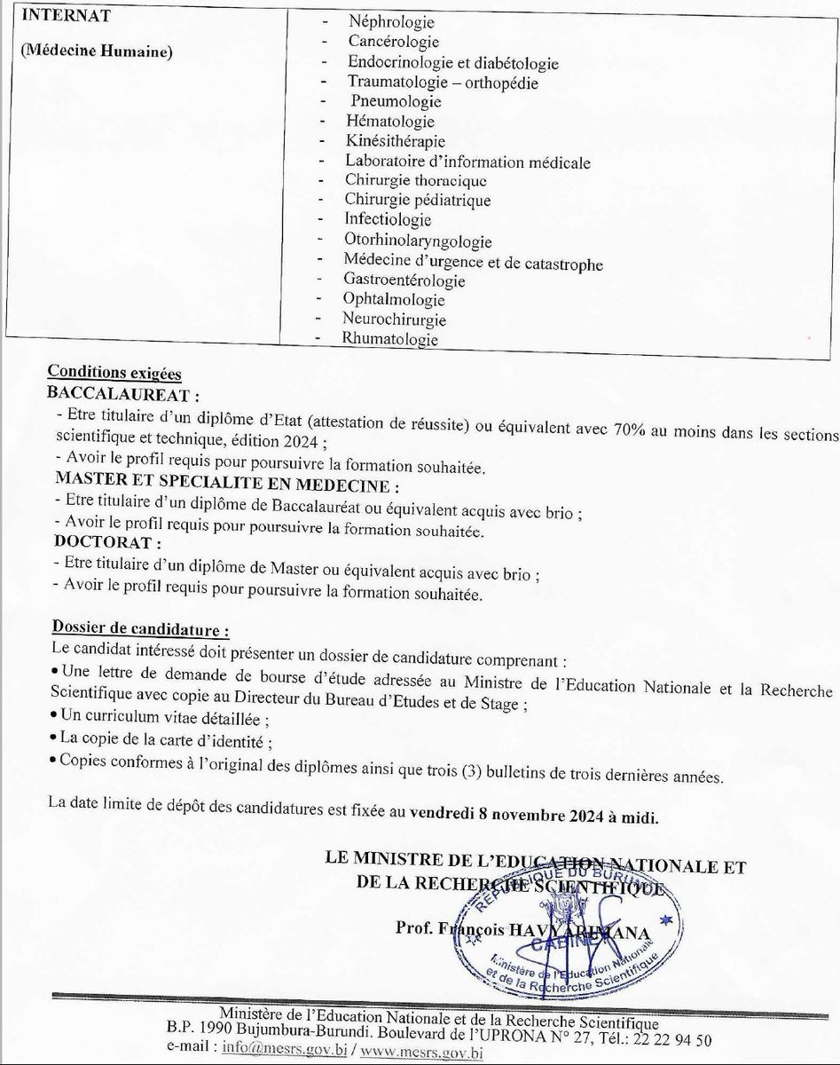 Le <a href="/bureau_et/">Burundi/Bureau des Bourses d'Etudes et de Stages</a> porte à la connaissance du public que le Gouvernement de la Fédération de Russie a offert des bourses d'études (Bac, Master, Doctorat) au <a href="/BurundiGov/">Bureau du Premier Ministre</a>  pour l'année académique 2025-2026. La date limite de dépôt des dossiers est fixée au vendredi 8/11/2025 à midi.