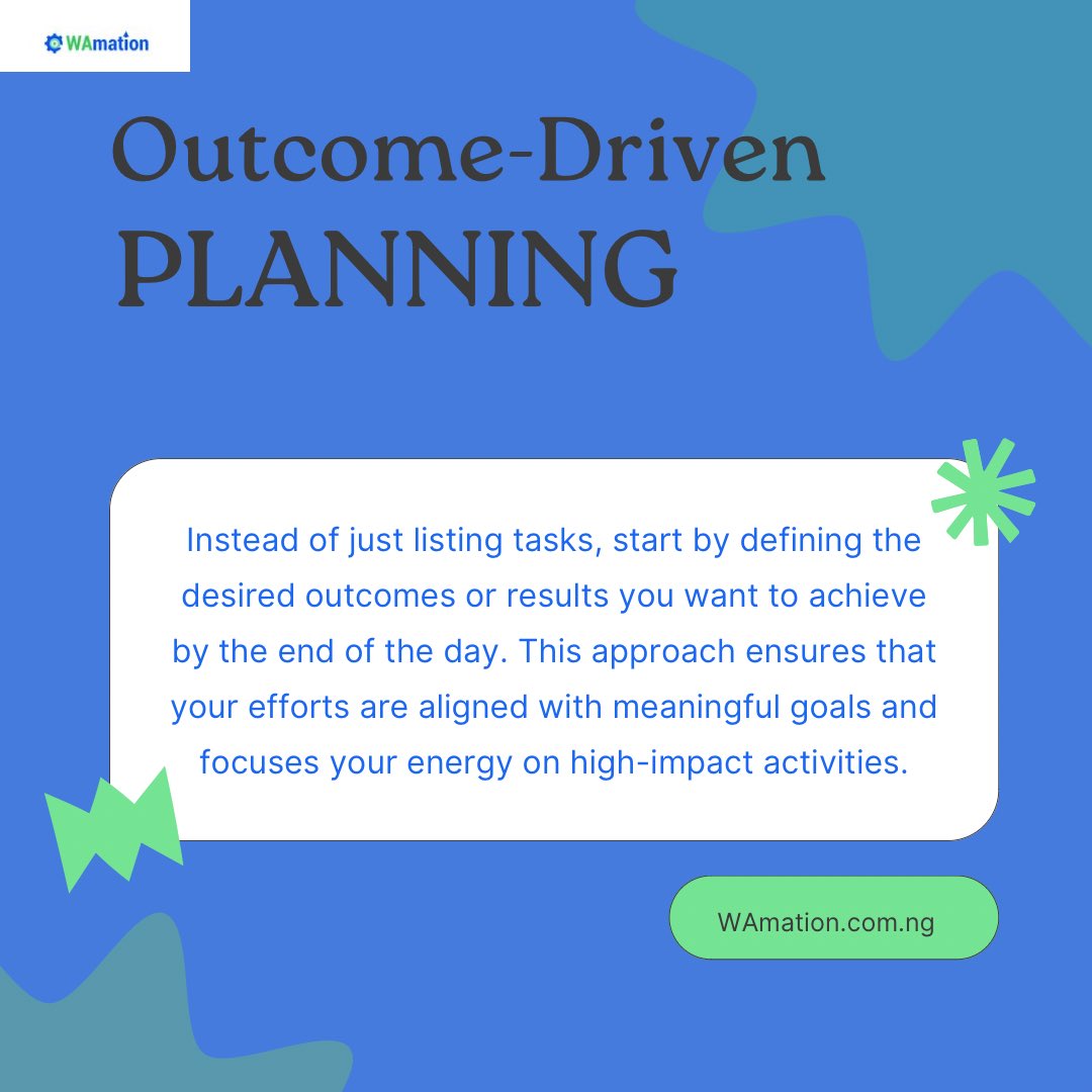 Wamation1's tweet image. Kickstart your week with purpose! 🎯 Outcome-driven planning is all about setting clear goals and aligning every action to achieve them. 

Let’s make this week intentional and productive! 💼✨ 

#OutcomeDriven #GoalSetting #PlanWithPurpose