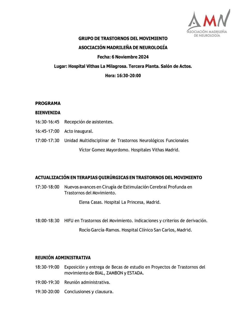Víctor G Mayordomo (@vicmayordomo) on Twitter photo Este miércoles tenemos la reunión del Grupo de Trastornos del Movimiento de la <a href="/AMNneuromadrid/">AMN</a> en el hospital <a href="/Vithas/">Vithas Hospitales</a> La Milagrosa.
Hablaremos de #TMF #DBS #HIFU así como las becas de los proyectos premiados.
¡Invitados todos los neurólogos y residentes!
<a href="/DrRomero_neuro/">Dr Juan Pablo Romero</a> Este miércoles tenemos la reunión del Grupo de Trastornos del Movimiento de la <a href="/AMNneuromadrid/">AMN</a> en el hospital <a href="/Vithas/">Vithas Hospitales</a> La Milagrosa.
Hablaremos de #TMF #DBS #HIFU así como las becas de los proyectos premiados.
¡Invitados todos los neurólogos y residentes!
<a href="/DrRomero_neuro/">Dr Juan Pablo Romero</a>