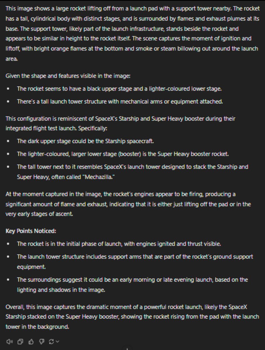 Prashant_1722's tweet photo. HUGE LEAK 🔥 OpenAI full o1 Chain of Thought has native image capabilities 

See the response for recent SpaceX launch image. It walks through the details of each part of image step by step. https://t.co/lxHlI435bO