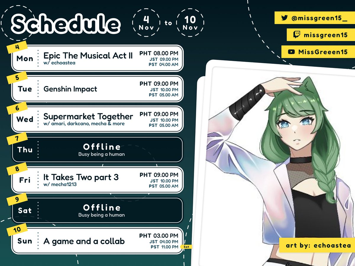 missgreen15_'s tweet photo. Totally not late!

🌟Here's the sched for the week  [11/4-11/10]🌟
6 more subs till the next sub goal: Overcooked 2!! OwO

⭐️Layout by @/NikkiGZ0
💫Scheduler by @/chrone_co
🐾Art by #EchoAstea (stream our Villain cover in YT!)
#MurLive #PHVtuber #ENVtuber https://t.co/Hu7zbGWxmo