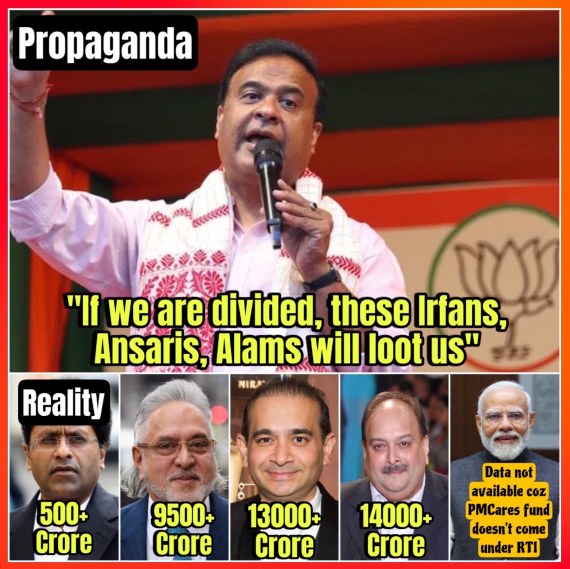 RiaRevealed's tweet image. So @himantabiswa  when u said #irfan #ansari #alam  will loot u.. Did u mean #niravmodi
#vijaymallya
#mehulchoksi
#lalitmodi
 @BJP4India divide and rule policy at its best.