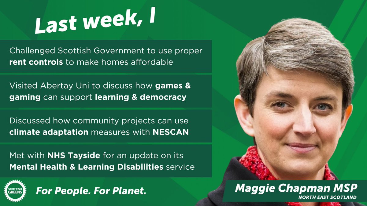 Maggie Chapman MSP (@maggiechapman) on Twitter photo Last week <a href="/ScotParl/">Scottish Parliament</a> resumed after October recess.
It was good to discuss climate adaptation w/ community groups <a href="/NESCANhub/">NESCAN Hub</a>, & learn about games/gaming from staff & students <a href="/AbertayUni/">Abertay University</a>.
I argued for real #RentControls for private tenants to make homes more affordable.
A snapshot: Last week <a href="/ScotParl/">Scottish Parliament</a> resumed after October recess.
It was good to discuss climate adaptation w/ community groups <a href="/NESCANhub/">NESCAN Hub</a>, & learn about games/gaming from staff & students <a href="/AbertayUni/">Abertay University</a>.
I argued for real #RentControls for private tenants to make homes more affordable.
A snapshot: