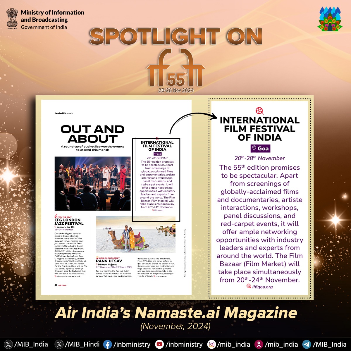 MIB_India's tweet photo. Air India’s https://t.co/vW5p95PpjG magazine spotlights 55th International Film Festival of India as a ‘bucket list-worthy’ event to attend in November 2024. 

@shekharkapur @airindia

#IFFI2024 #IFFI55 #IFFIGoa https://t.co/4B38TssEZb
