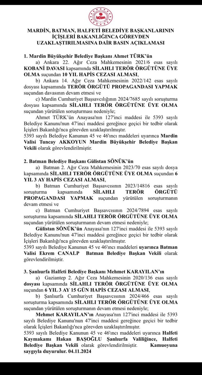 Mardin, Batman ve Halfeti’ye belediye başkan vekilleri görevlendirildi.