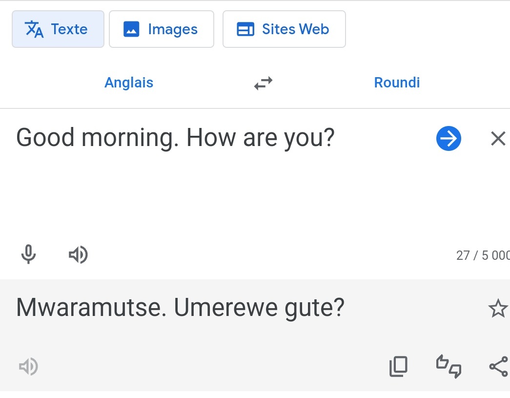 📜🎉 Le #Kirundi désormais traduit par Google Translate

🇧🇮 La langue nationale du #Burundi fait son entrée au sein de la panoplie de langues prises en charge par le célèbre outil #GoogleTranslate. 

👏 Cette avancée, fruit d’une collaboration étroite entre les autorités