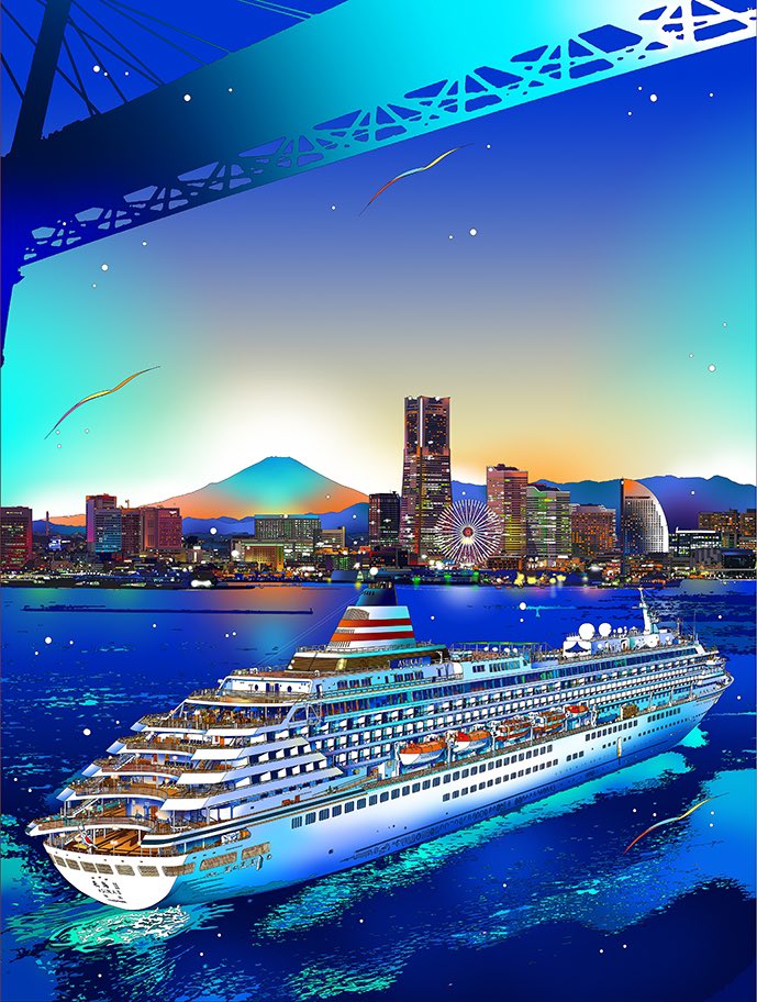 世界一周豪華客船 飛鳥II⛴】 版画「黄昏ハーバーライト」 #鈴木英人