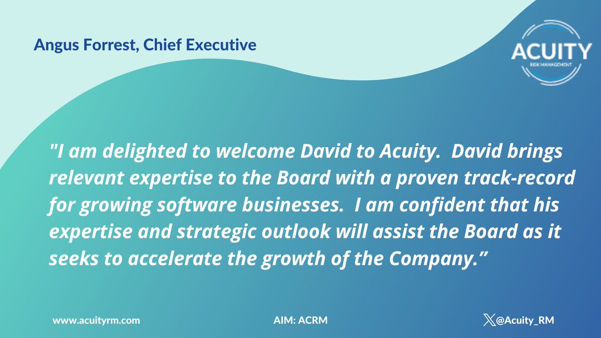 Angus Forrest commented 💬

“I am delighted to welcome David to Acuity.  David brings relevant expertise to the Board with a proven track-record for growing software businesses.”

🔗 buff.ly/4f7MJ2X

#ACRM #SaaS #RNS