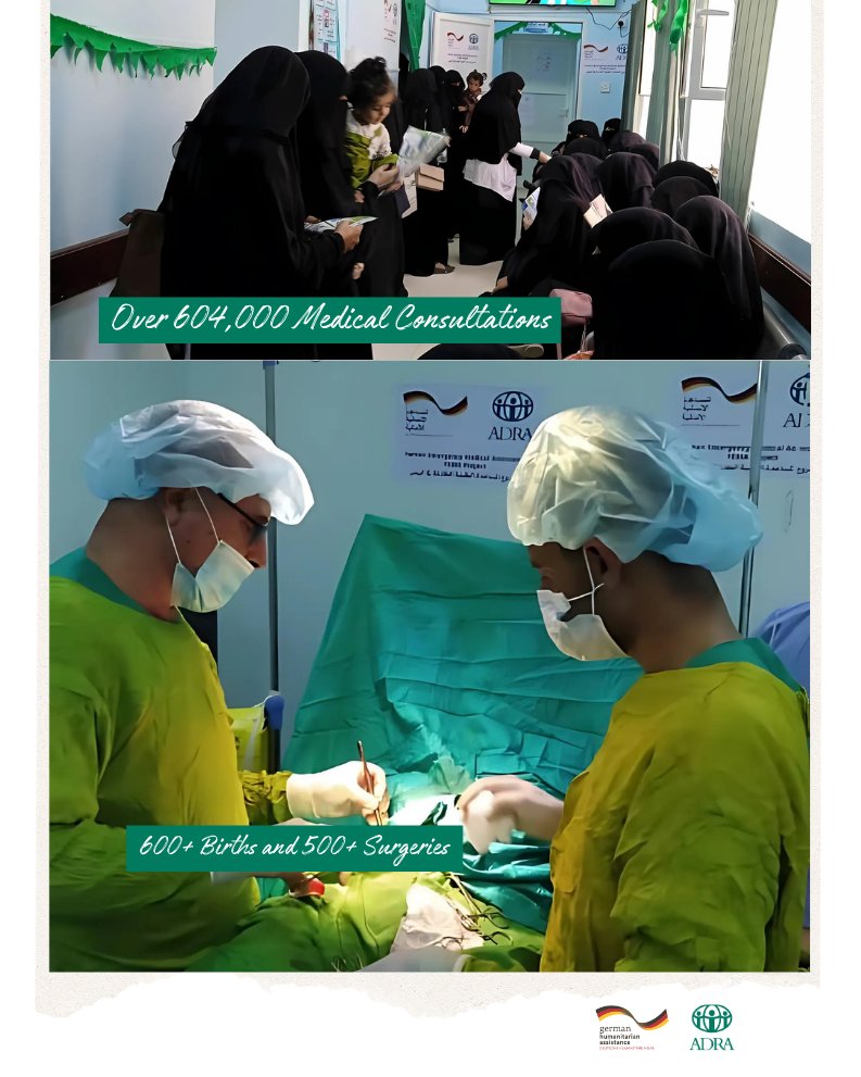 Al-Kahlani Hospital in Yemen’s Mabeen district is a lifeline. Once under-resourced, it now provides life-saving care thanks to ADRA Yemen &amp; BMZ, with over 604K consultations &amp; 500 surgeries completed. A true symbol of resilience. #Yemen #ADRA