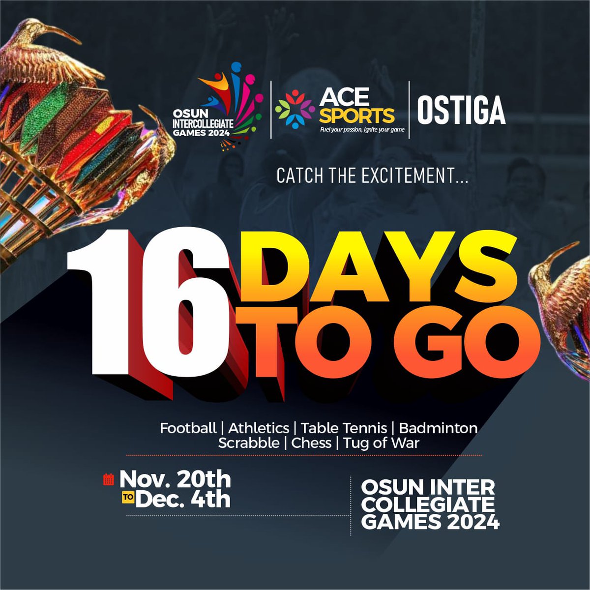 OsunInterCGames's tweet photo. 16 DAYS TO GO 📅 
The Excitement is building 🌊

Are you for the biggest Intercollegiate tournament in Osun State?

#TheOsunIntercollegiateGames24 #AceSports #OsunIG2024 https://t.co/lakZKWqAvy