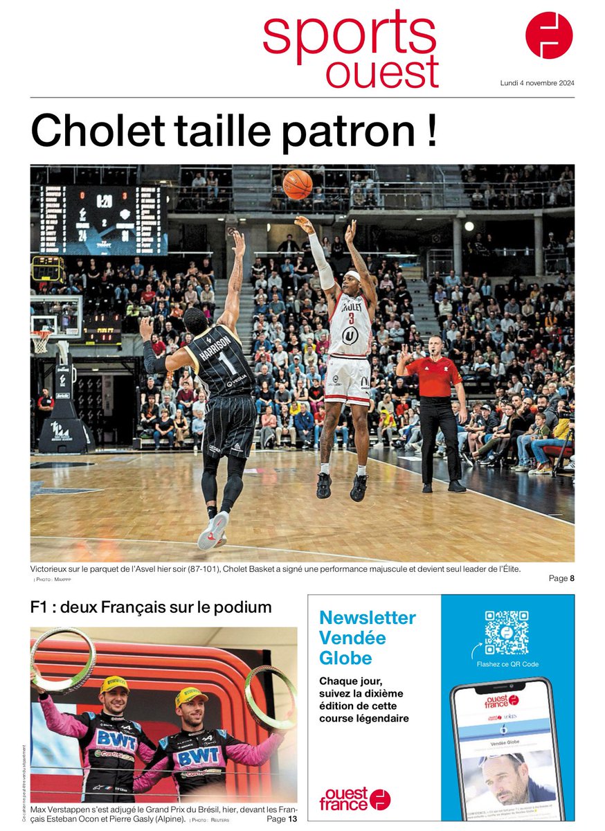 🏀 Taille patron, c’est la nouvelle Une de <a href="/sports_ouest/">Ouest-France Sports</a> sur <a href="/CB_officiel/">Cholet Basket</a> ce matin 🏀
Plein de choses à lire dans notre édition papier et sur le site 📰📲