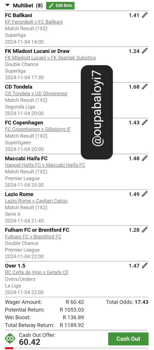 OupaBaloyi7's tweet image. #BettingTipsWithOB 📢

Booking Codes &amp;amp; Links - Tonight 🎯

𝗕𝗼𝗼𝗸𝗶𝗻𝗴 𝗖𝗼𝗱𝗲𝘀:

• X82DF8348
• X82F8438C

𝗟𝗶𝗻𝗸𝘀 𝘁𝗼 𝗕𝗲𝘁𝘀𝗹𝗶𝗽𝘀:

1. Link: betway.co.za/bookabet/X82DF…

2. Link: betway.co.za/bookabet/X82F8…

#BetwaySquad