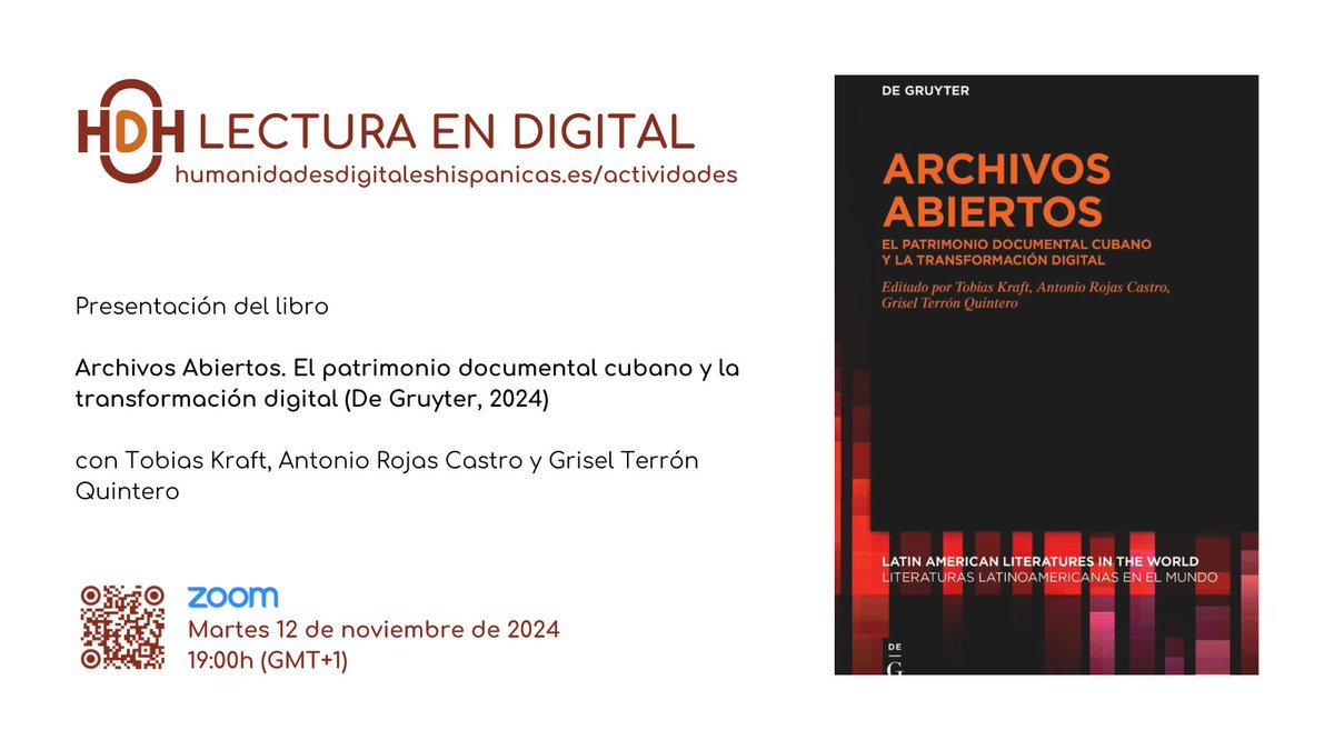 📚 El martes 12 de noviembre tenemos presentación del libro "Archivos Abiertos. El patrimonio documental cubano y la transformación digital" con <a href="/tobias_kraft/">Tobias Kraft</a>, @RojasCastroA y Grisel Terrón Quintero.

doi.org/10.1515/978311…

¡Únete a la conversación!

humanidadesdigitaleshispanicas.es/lectura-en-dig…
