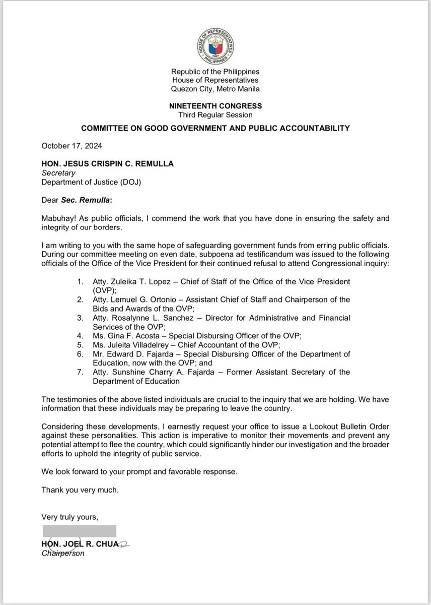 ABSCBNNews's tweet photo. House Committee on Good Government and Public Accountability Chair Rep. Joel Chua requested the Department of Justice to issue a lookout bulletin order against 6 officers of the Office of the Vice President and a former official of the Department of Education. | via @VivienneGulla