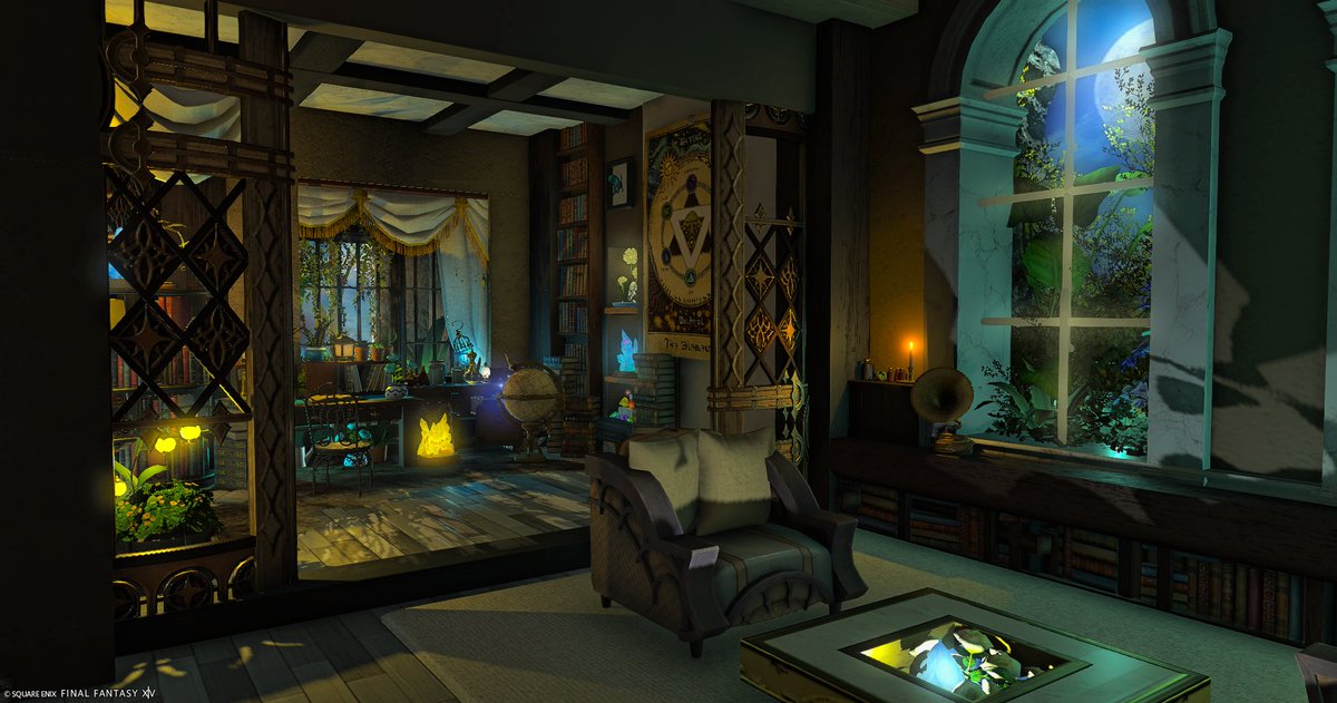 fujifujifujin's tweet image. 「Moonlit Study」代行
魔女の隠れ家のようなお部屋がお好きと伺ったので、モダンと魔女の住む部屋を融合した、客間とラボのあるお部屋にしました。

住所　メテオ　マンドラ　ミスト　26区1　Mハウス
公開していただいています！

#FF14ハウジング #ffxivhousing 
#HousingEden
