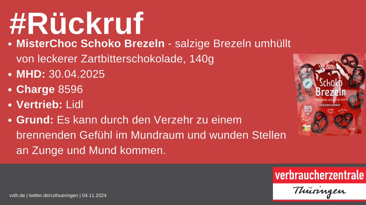 ‼️#Rückruf: MisterChoc Schoko Brezeln, MHD: 30.04.205, Charge 8596, Vertrieb über #Lidl, Grund: Es kann durch den Verzehr zu einem brennenden Gefühl im Mundraum und wunden Stellen an Zunge und Mund kommen, alle Infos 👉lebensmittelwarnung.de/___lebensmitte…