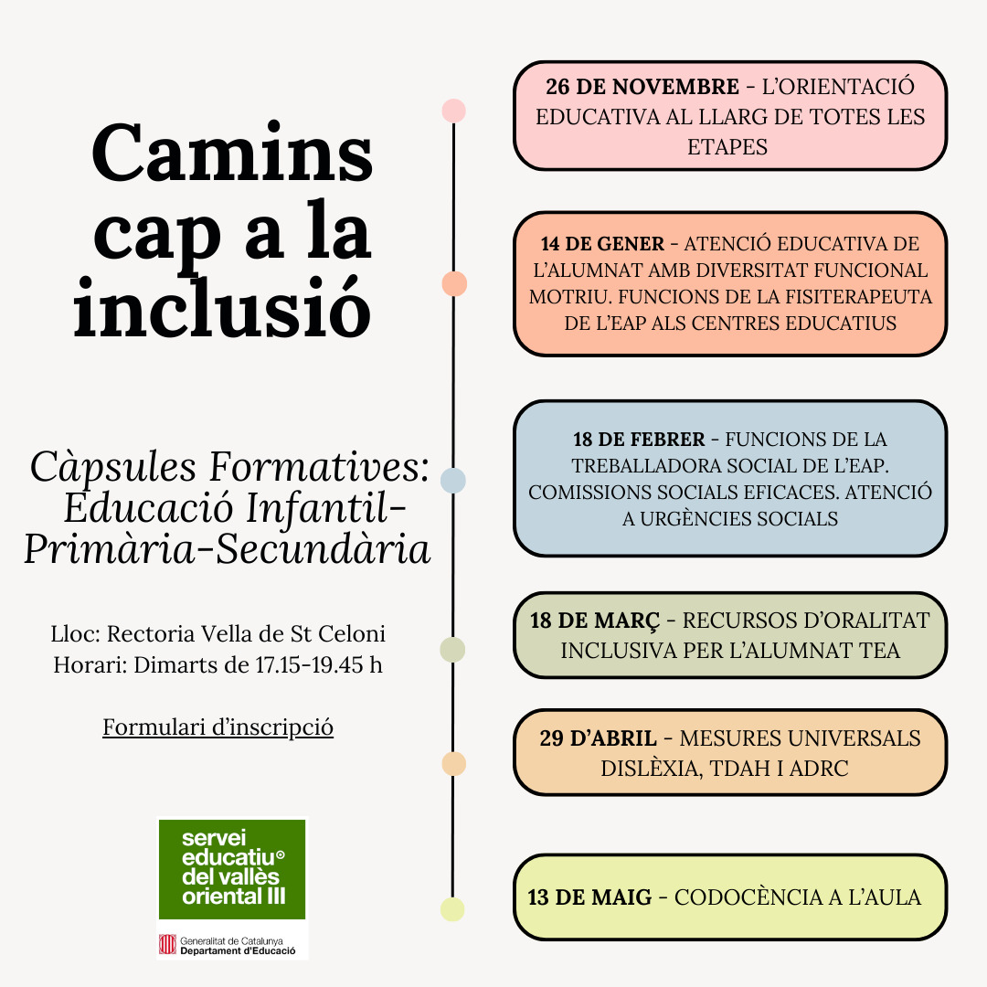 📢 No us perdeu el cicle de xerrades "Camins cap a la inclusió" a càrrec de l'EAP de Sant Celoni. 
Podeu assistir omplint el formulari:
ja.cat/caminsinclusio
Certificació si s'assisteix a totes les sessions.
📅26/11 - 17:15 
📍Rectoria Vella - Sant Celoni
#inclusio  <a href="/SSTTMVO/">ST_MVO</a>