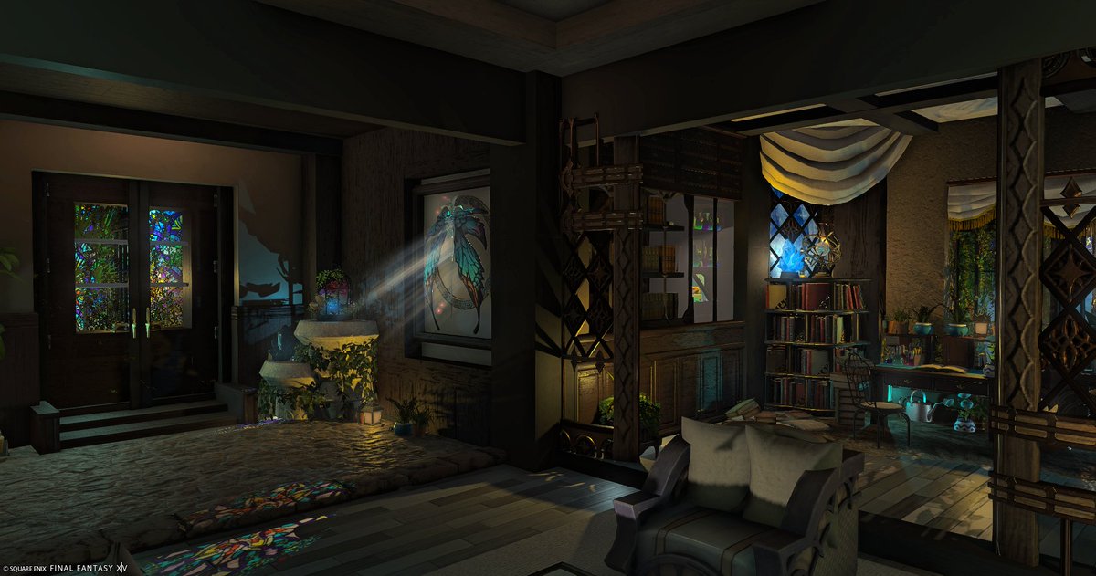 fujifujifujin's tweet image. 「Moonlit Study」代行
魔女の隠れ家のようなお部屋がお好きと伺ったので、モダンと魔女の住む部屋を融合した、客間とラボのあるお部屋にしました。

住所　メテオ　マンドラ　ミスト　26区1　Mハウス
公開していただいています！

#FF14ハウジング #ffxivhousing 
#HousingEden