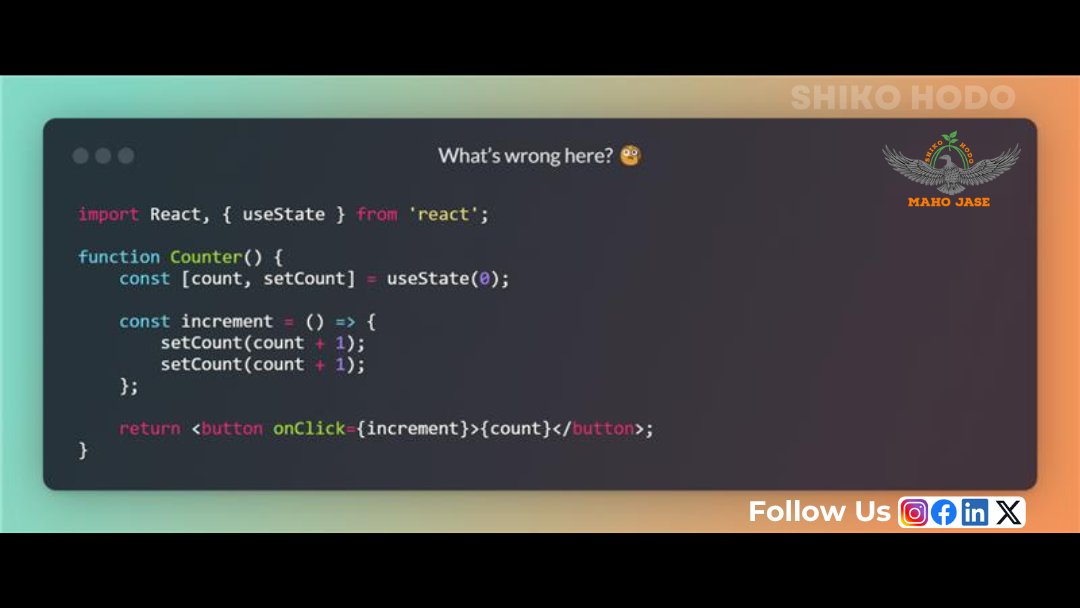 mahojase's tweet image. 🤔 Can You Find the State Update Issue?
.
.
.
#counterapp #reactjs #javascript  #statemanagement #frontenddevelopment #learncoding #usestatehook #reactcomponents