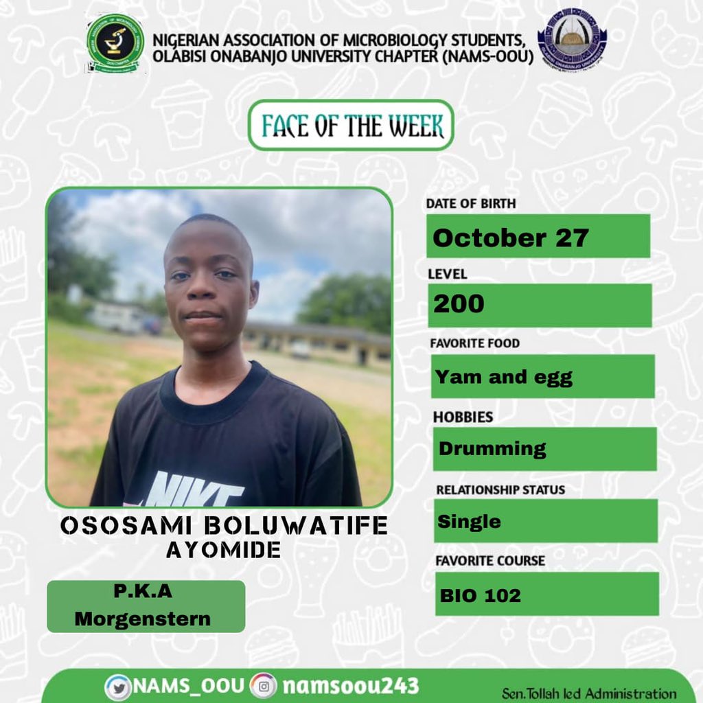 NAMS_OOU's tweet photo. The only limit to our realization of tomorrow will be our doubts of today. Meet our NAMS FACE OF THE WEEK,male and female category they are our people from the realm of visible invisible let’s celebrate them 🎉 https://t.co/gMNafB5L32