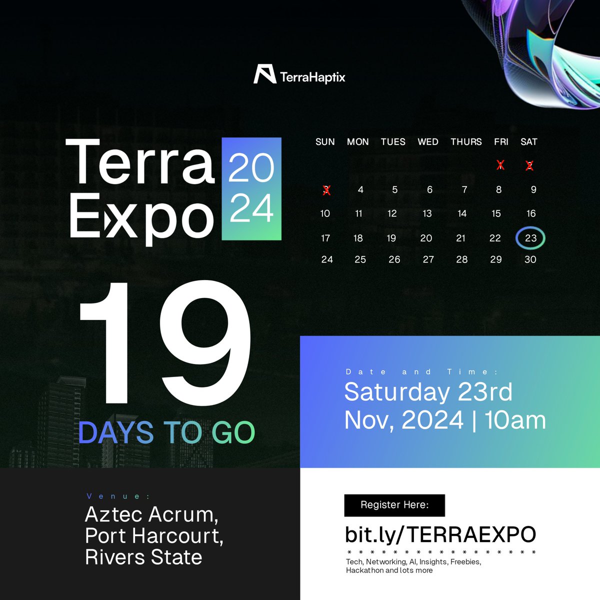 terraexpo_'s tweet photo. 19 days to TERRA EXPO!!!
Join the moving train for FREE to the biggest AI and Drone Tech event in Africa if you’re yet to, via https://t.co/H73TXnBRxX
#techevents #aitech #eventsinportharcourt https://t.co/MtG9PZNkS4